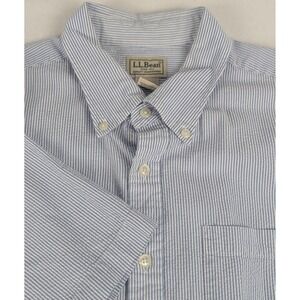 LL Bean Mens Seersucker Stripe Short Sleeve Button Down Shirt Blue White L-REG